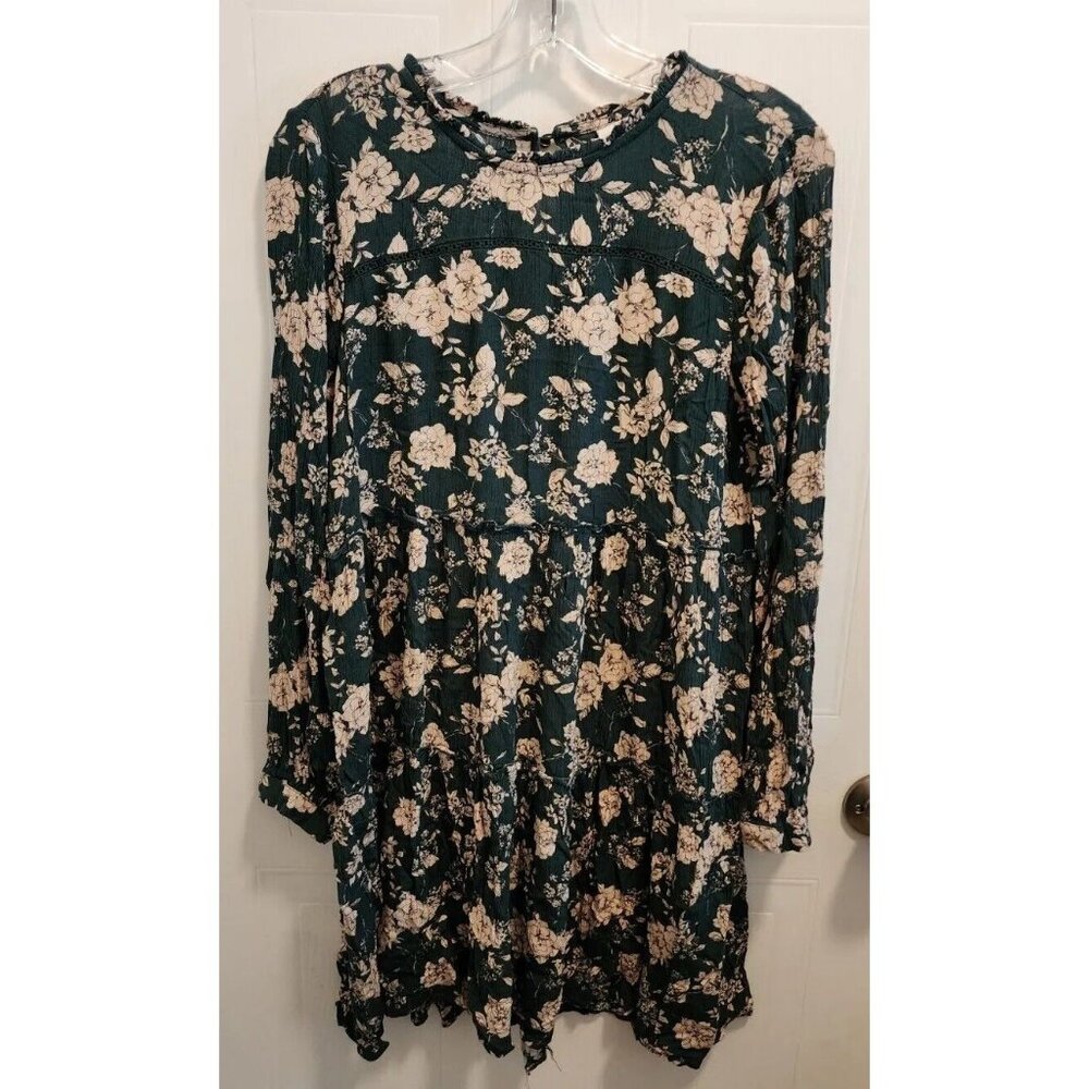 Knox Rose Womens Long Sleeve Tiered Flowy Dress Green Floral Cottagecore Boho XS